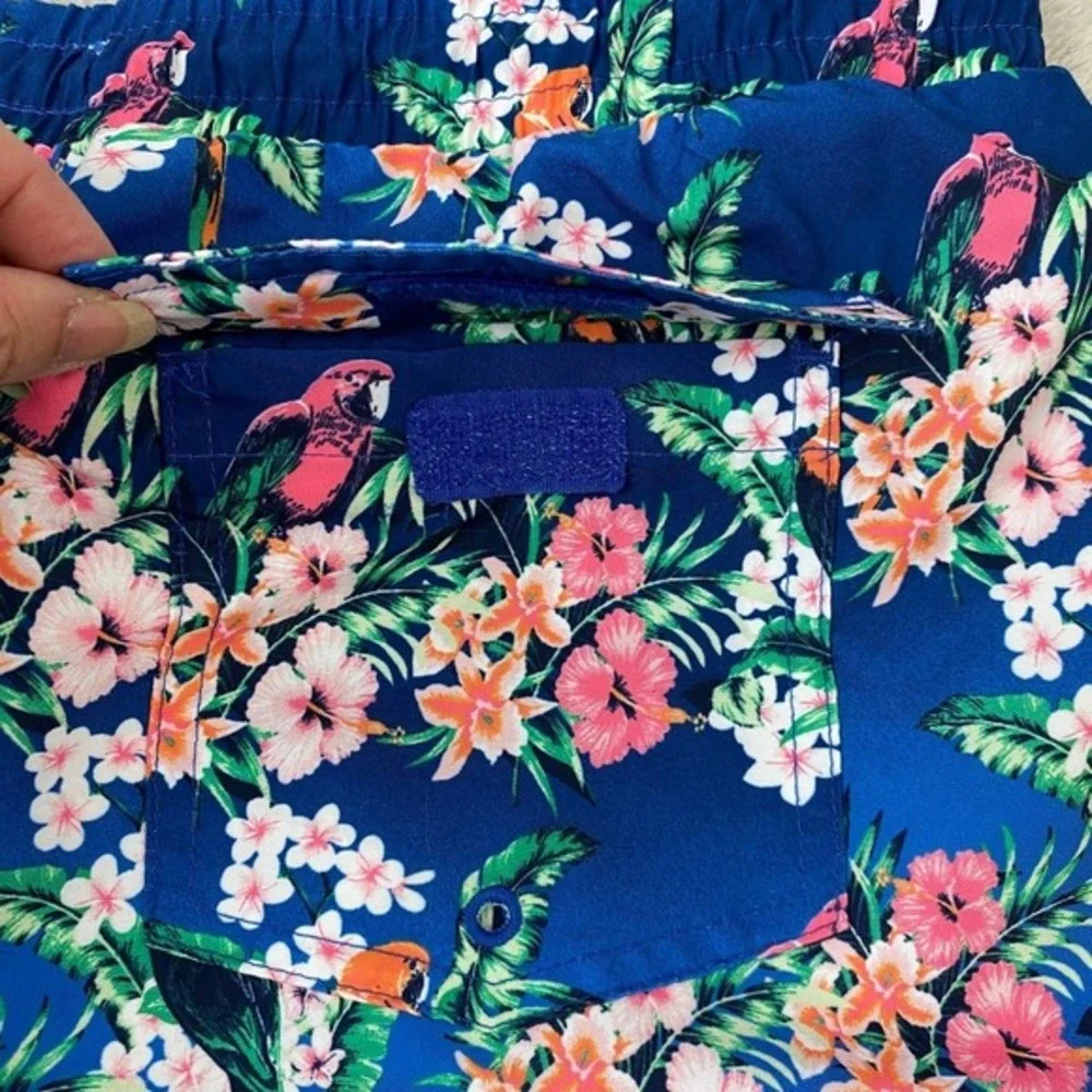 Club Room Men‎ Swim Trunks Beach Shorts Size XL Blue Tropical Floral Parrots NWT